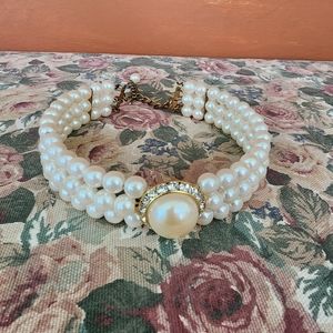 Pearl Crystal Detail 3 Strand 1990s Vintage Choker Necklace